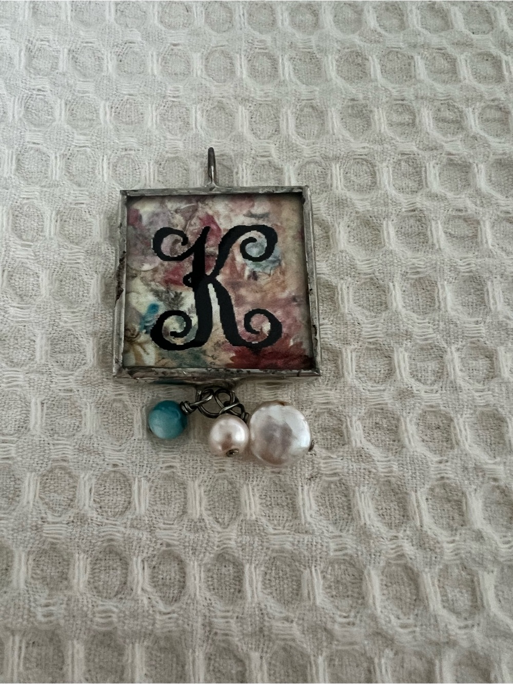 Monogram 'K' Square reversable Pendant with Beads for a slider necklace
